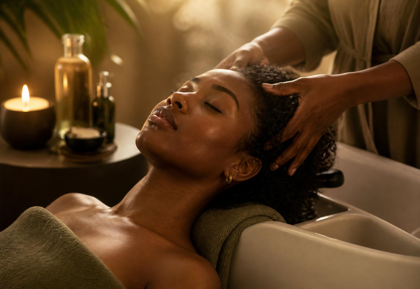 A Black woman relaxing during a luxury scalp massage at Riches Head Spa